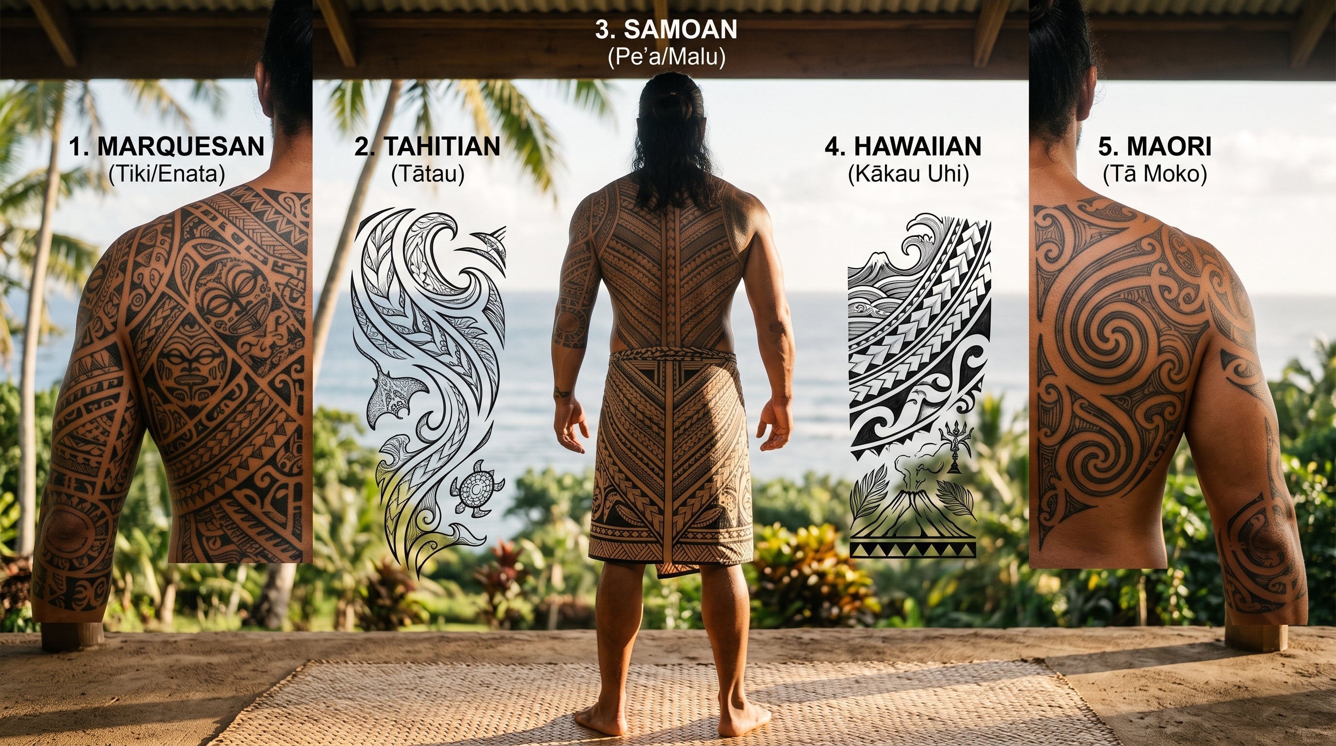 5 main Polynesian tattoo styles: Māori, Marquesan, Samoan, Tahitian and Hawaiian