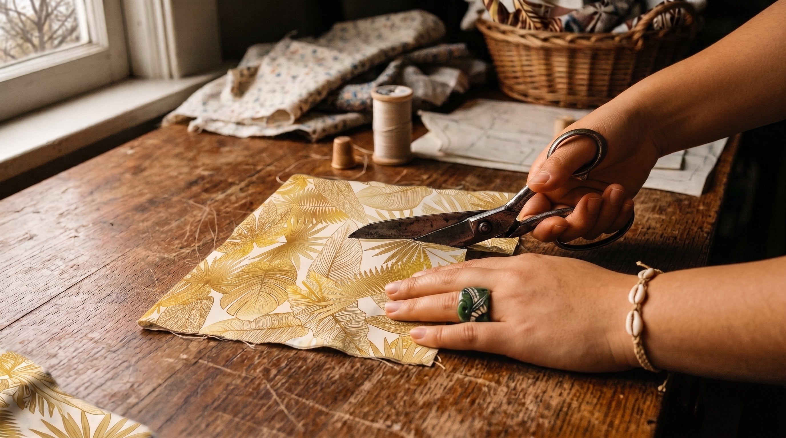 Nesian Kulture, hands drawing a Pacific pattern at a home work table
