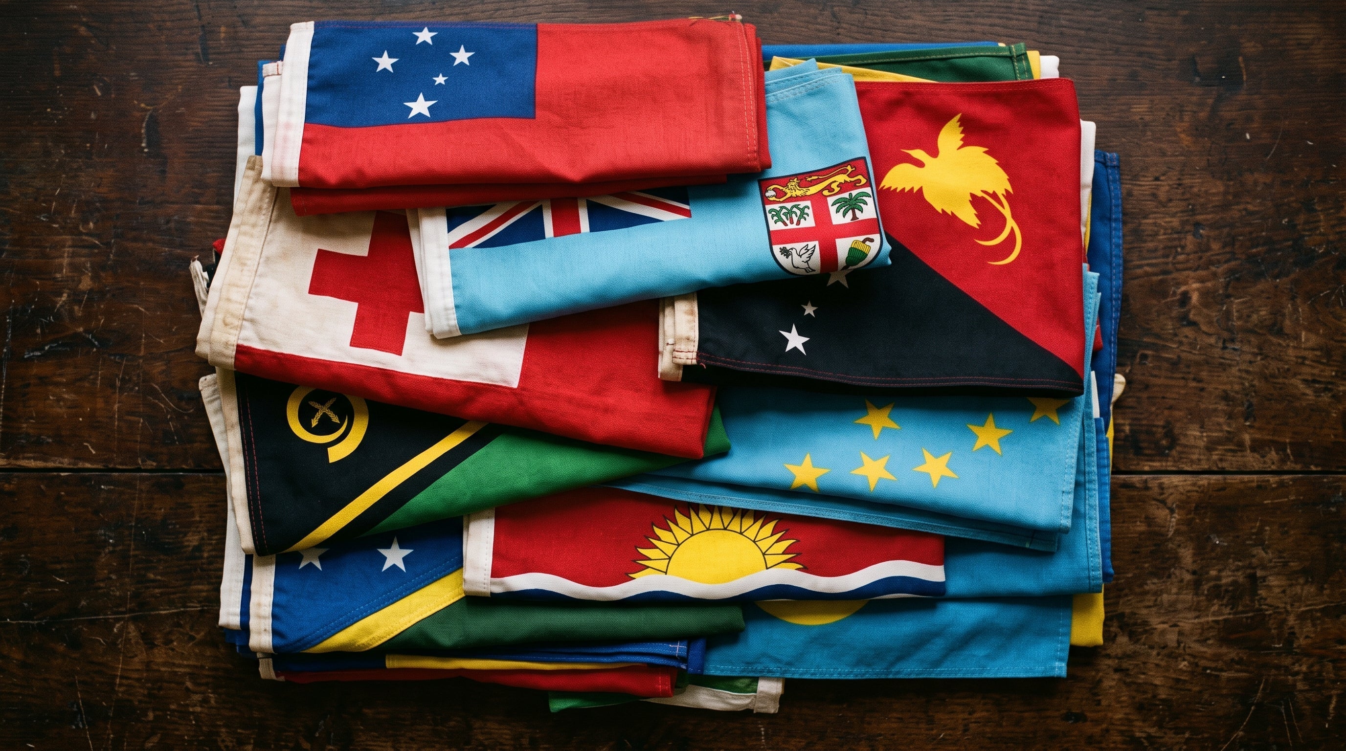 Nesian Kulture, folded Polynesian island flags stacked on dark timber