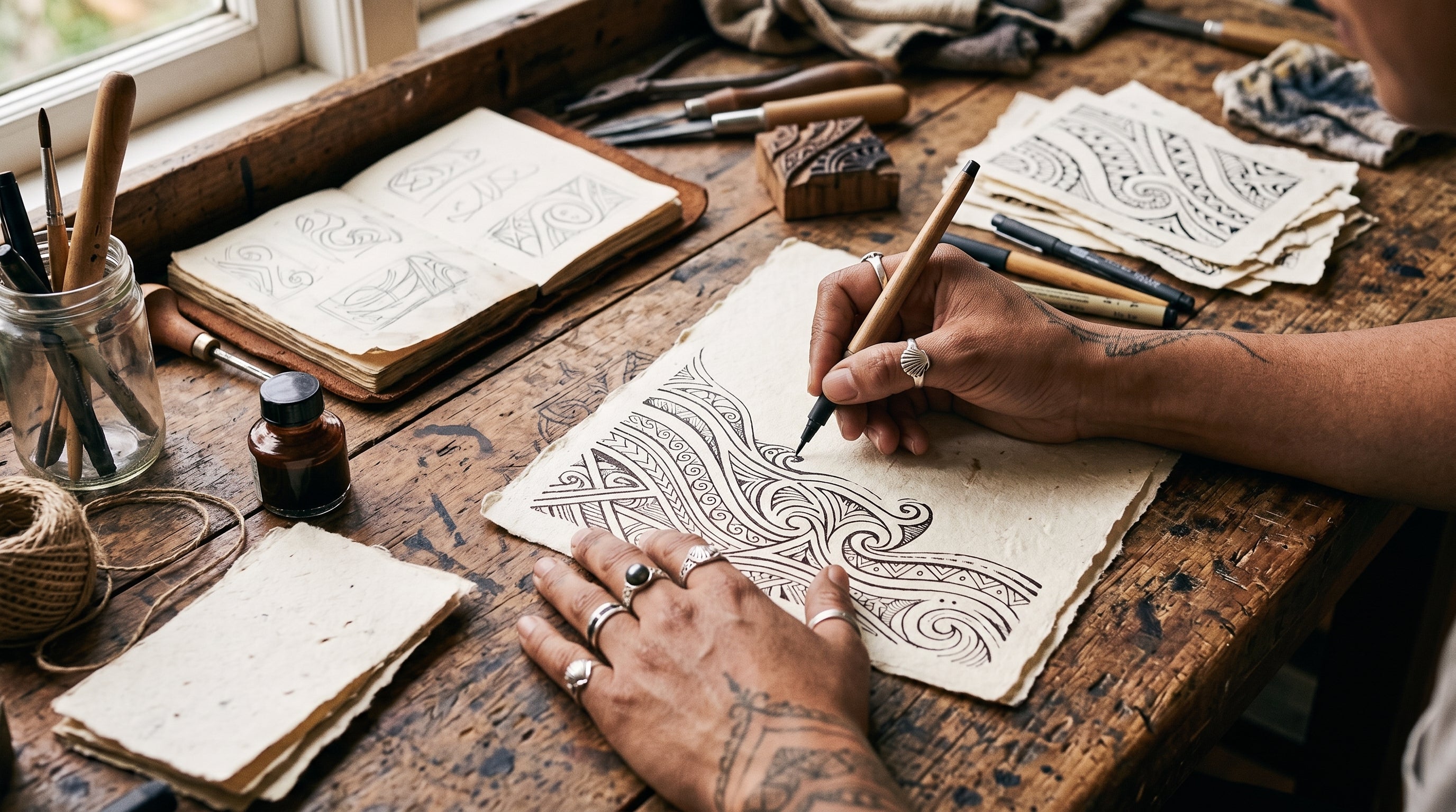Nesian Kulture, an artist's hands drawing a Pacific-style pattern at a desk