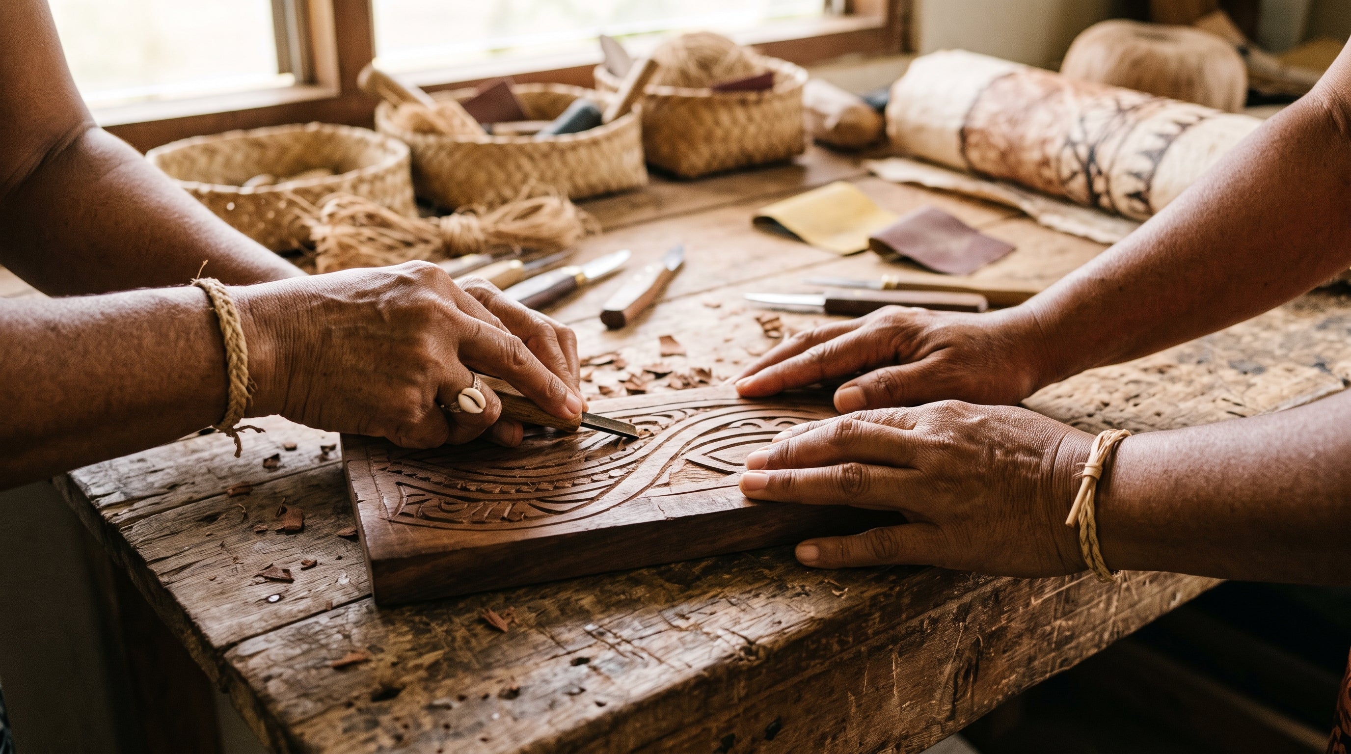 Nesian Kulture, hands working together on a Pacific design at a workbench