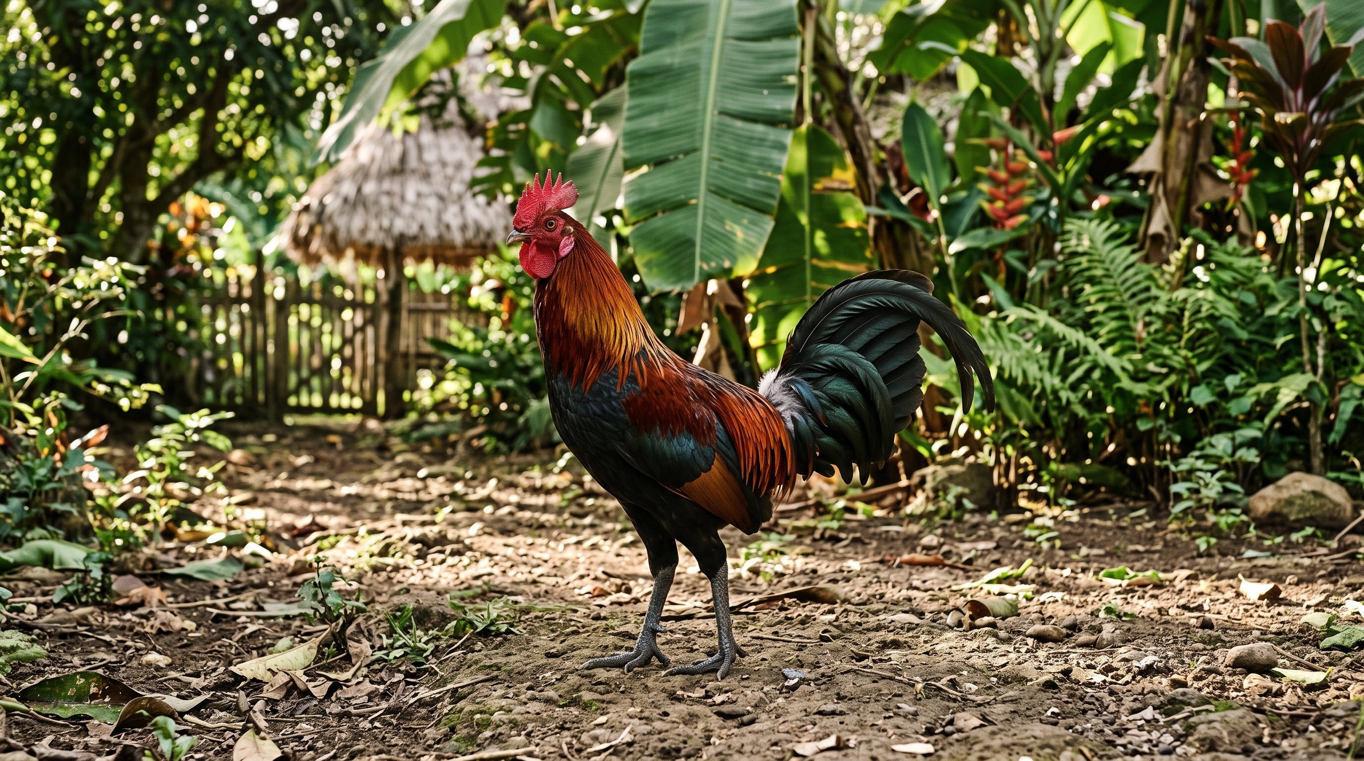 Nesian Kulture, a red junglefowl rooster in a Pacific island yard