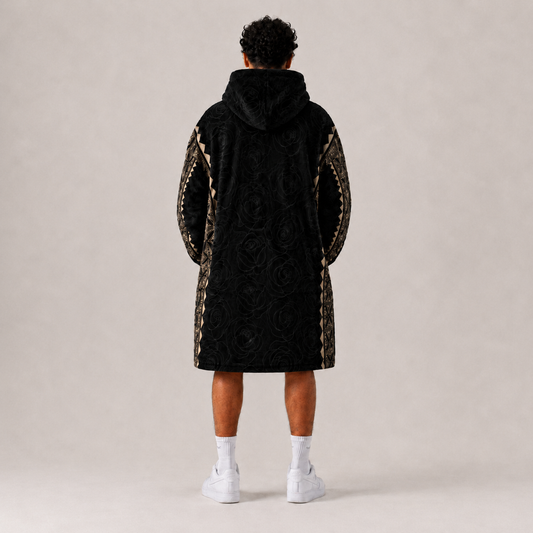 Nesian Kulture black and gold oversized snug hoodie, back view showing full garment design