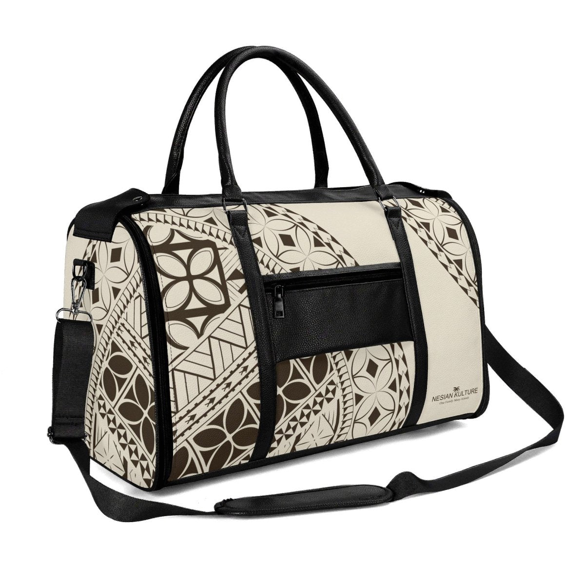ALOFA Travel Bag – Black & Floral | Samoan - Inspired Foldable PU Leather Weekender Bag - Nesian Kulture